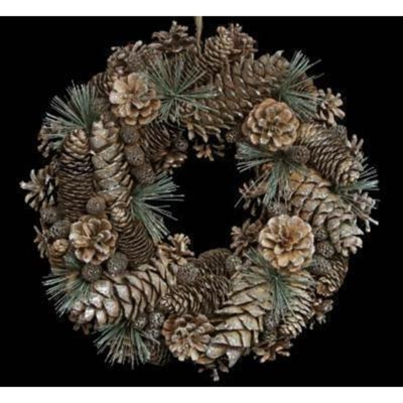 This is a classic wreath with a contemporary feel that could be hung for the whole winter period. Beautifully dusted in glitter and decorated with pinecones this is a great standout piece. Matching garland available. Approx size 38cm